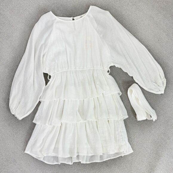 Entro Elizabeth Tiered Ruffle Bubble Sleeve Mini Dress White Medium Boho - Picture 15 of 16